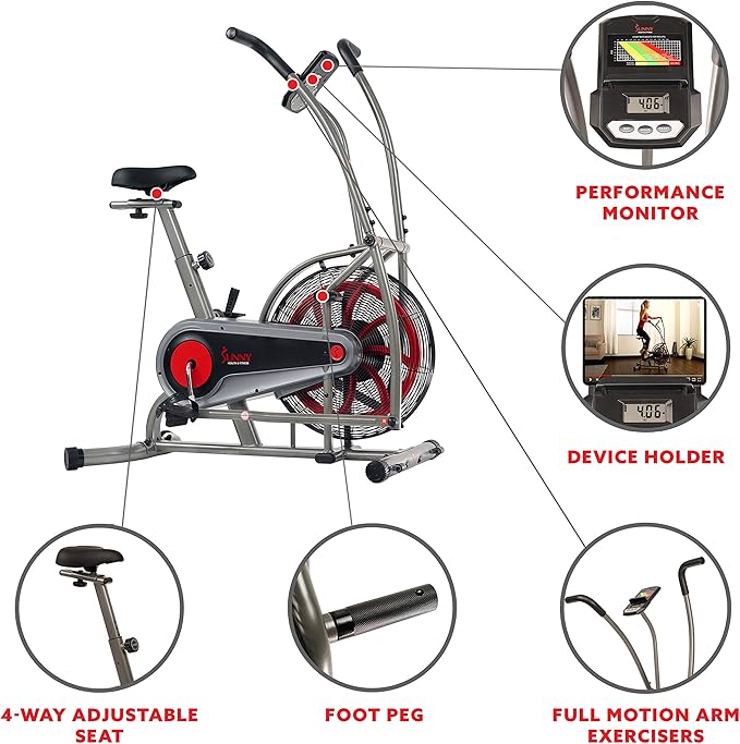 Sunny Health & Fitness Motion Air Bike, Fan Exercise Bike with Unlimited Resistance and Tablet Holder - SF-B2916,Black