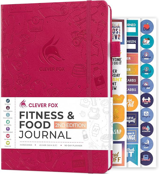 Clever Fox Fitness & Food Journal – Nutrition & Workout Planner for Women & Men – Diet & Gym Exercise Log Book with Calendars, Diet & Training Trackers - Undated, A5 Size, Hardcover (Fuchsia)