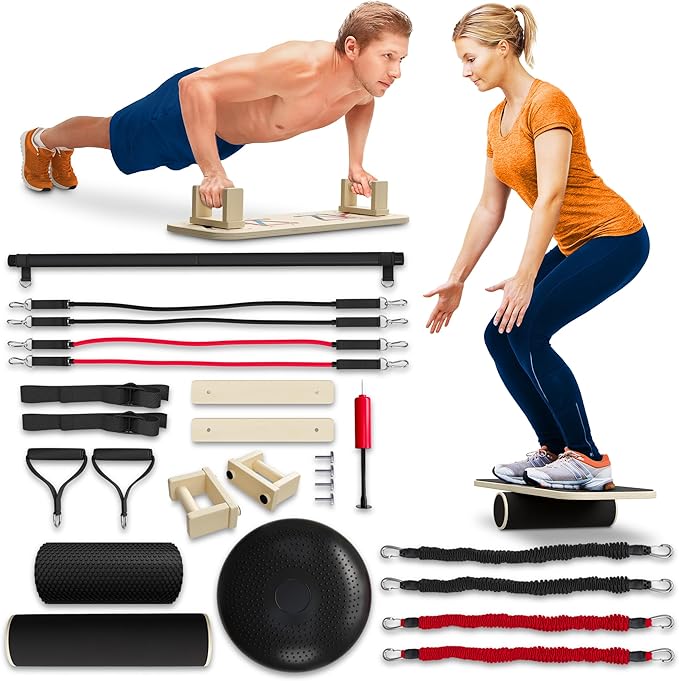 Portable Home Gym, Strength Training Set with Hybrid Balance/Pushup Board, Resistance Bands, and Exercise Bar for Chest, Triceps, Shoulders, At-Home Workout for Men and Women