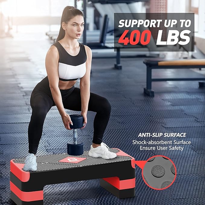 Aerobic Exercise Step, Adjustable Aerobic Stepper for Exercise, Workout Step Platform for Step Up, 26.5" Step Deck with 4” 6” 8” Adjustable Height Risers, Women Home Gym Cardio Fitness