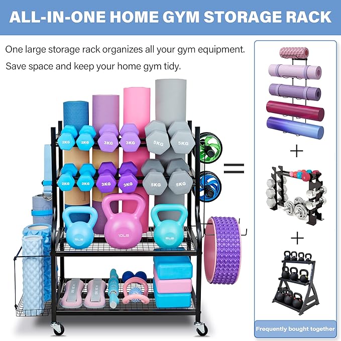 Dumbbell Rack, Yoga Mat Storage Rack - Weight Rack for Dumbbells, Home Gym Storage Rack for Yoga Mat, Dumbbells and Kettlebells, All in One Workout Equipment Storage with Caster Wheels