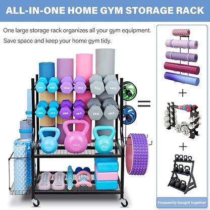 Dumbbell Rack, Yoga Mat Storage Rack - Weight Rack for Dumbbells, Home Gym Storage Rack for Yoga Mat, Dumbbells and Kettlebells, All in One Workout Equipment Storage with Caster Wheels