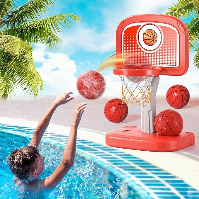 Pool Basketball Hoop Toys with 4 Balls, Swimming Pool Basketball Game for Kids Adults, Basketball Hoop Poolside Summer Water Games Toys Gifts for 3 4 5 6 7 8 Year Old Boys, Indoor Outdoor Toys