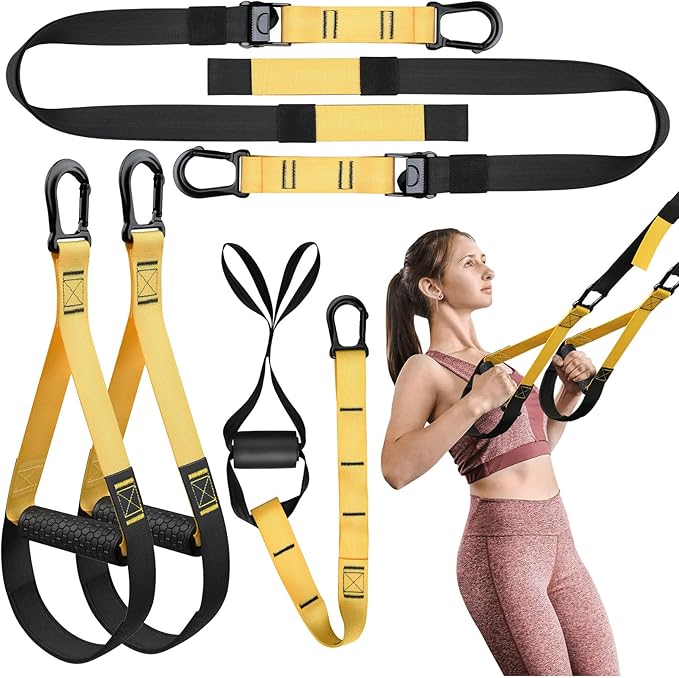 Home Resistance Training Kit, Workout Straps with Handles, Resistance Trainer Exercise Straps for Home Gym, Bodyweight Straps for Indoor & Outdoor, Yellow + Black