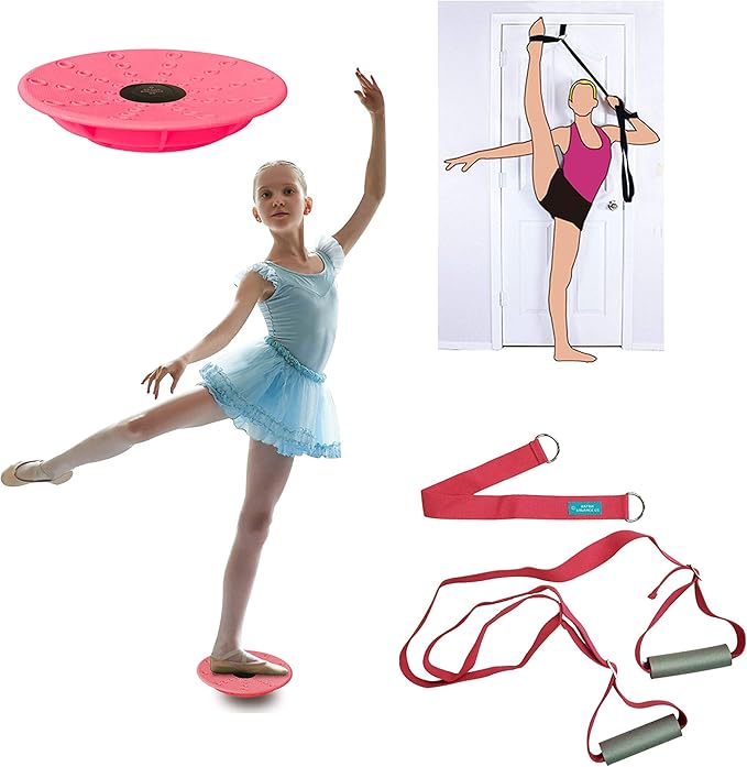 Dance, Cheerleading and Figureskating Trainer Stretching and Balance, 2 Pc. Set, Stretching, Disc Core Board and Flexibility Equipment Strap for Dance, Gymnastics, Turning, Stunt