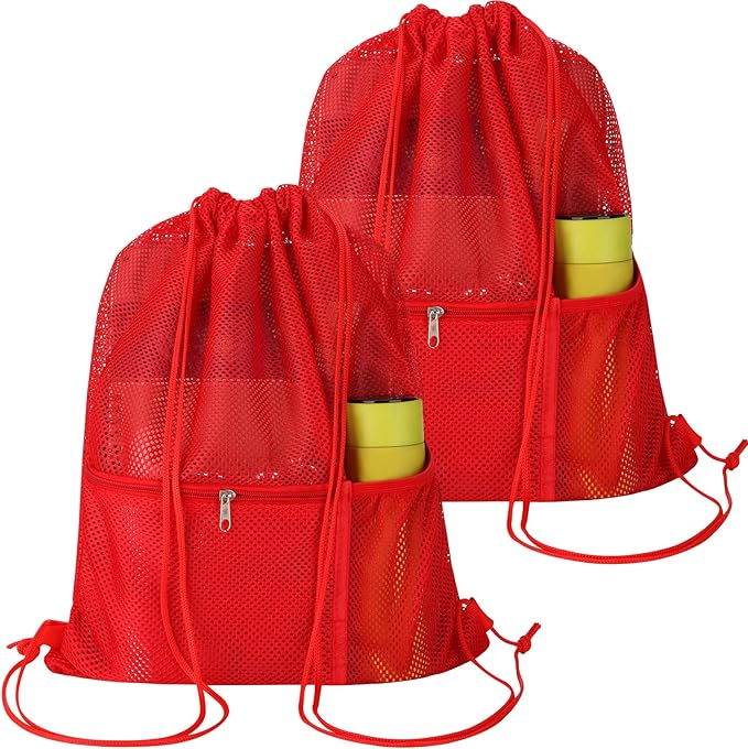 NATURAL STYLE 2 PACK Mesh Drawstring Backpack Bag, Multifunction Mesh Bag for Swimming, Athletic Gym, Clothes, Beach, Swim (Red)