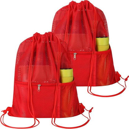 NATURAL STYLE 2 PACK Mesh Drawstring Backpack Bag, Multifunction Mesh Bag for Swimming, Athletic Gym, Clothes, Beach, Swim (Red)