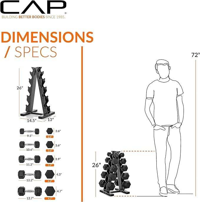 CAP Barbell 150 LB Coated Hex Dumbbell Weight Set with Vertical Rack | Multiple Colors