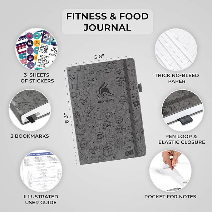 Clever Fox Fitness & Food Journal – Nutrition & Workout Planner for Women & Men – Diet & Gym Exercise Log Book with Calendars, Diet & Training Trackers - Undated, A5 Size, Hardcover (Grey)