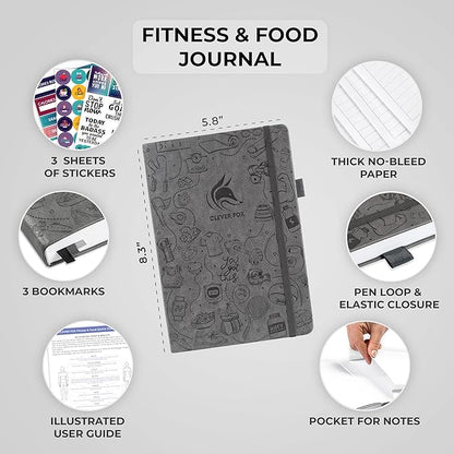 Clever Fox Fitness & Food Journal – Nutrition & Workout Planner for Women & Men – Diet & Gym Exercise Log Book with Calendars, Diet & Training Trackers - Undated, A5 Size, Hardcover (Grey)