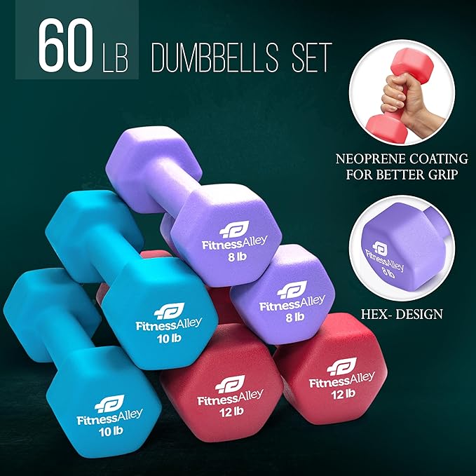 Neoprene Workout Dumbbells - Non Slip, Anti Roll Exercise & Fitness Dumbbells Combo - Hex Shaped Hand weights for Men & Women - Ideal for Home and Gyms training