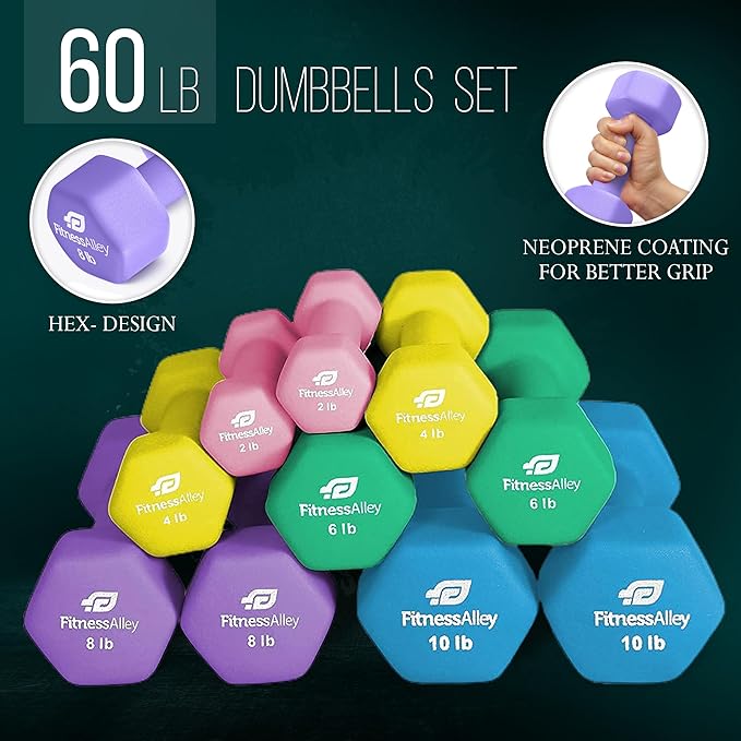 Neoprene Workout Dumbbells - Non Slip, Anti Roll Exercise & Fitness Dumbbells Combo - Hex Shaped Hand weights for Men & Women - Ideal for Home and Gyms training