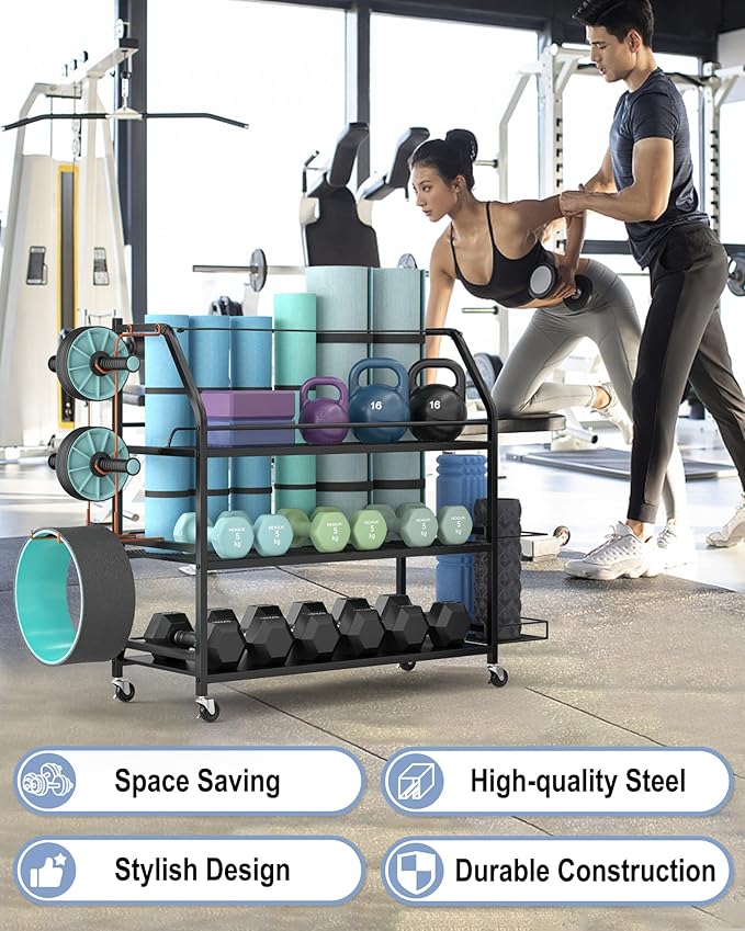 Yoga Mat Storage Rack, Home Gym Workout Accessories Organizer, Sporting Goods Storage with Baskets and Hooks, Yoga Mats, Dumbbell, Resistant Band, and other Workout Equipment Holder