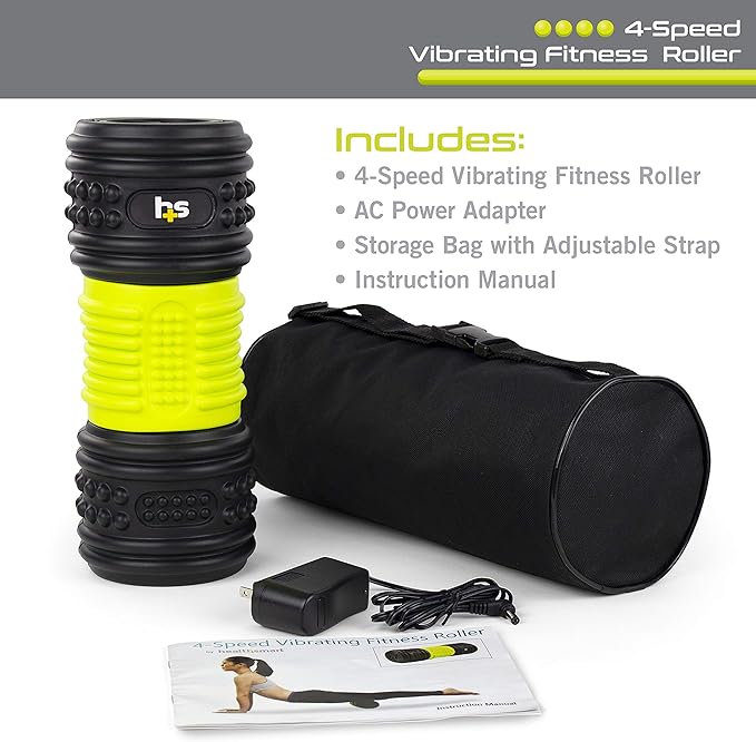 HealthSmart 4-Speed Vibrating Exercise Roller Foam FSA/HSA Eligible – Deep Tissue Massage Muscle Recovery & Pain Relief for Full Body | Electric foam Roller for Physical Therapy & Workout