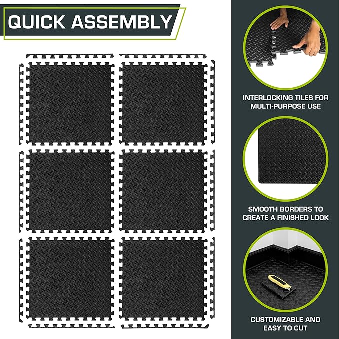 ProsourceFit Puzzle Exercise Mat ½ in, EVA Interlocking Foam Floor Tiles for Home Gym, Mat for Home Workout Equipment, Floor Padding for Kids, Black, 24 in x 24 in x ½ in, 144 Sq Ft - 36 Tiles