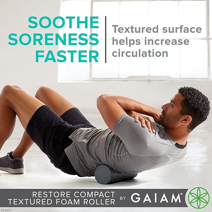 Gaiam Restore Compact Textured Foam Roller for Muscle Repair and Exercise – 12”L X 4" Diameter Massager Roller – Ideal for Improved Circulation and Easing Muscle Tension