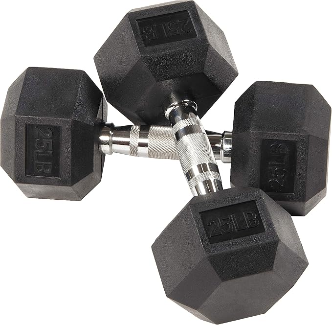 Signature Fitness Rubber Encased Hex Dumbbell with Rack