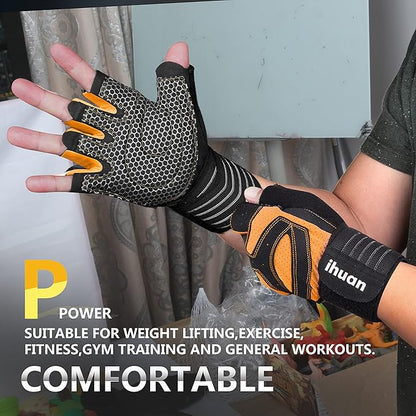 ihuan Ventilated Weight Lifting Gym Workout Gloves with Wrist Wrap Support for Men & Women, Full Palm Protection, for Weightlifting, Training, Fitness, Hanging, Pull ups