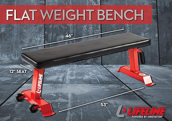 Lifeline Flat Weight Bench Heavy Duty 11-Gauge Steel with Transport Wheels and Handle for Home Gym Workouts