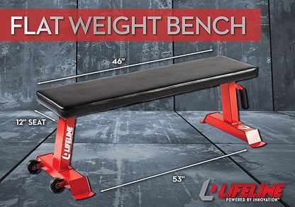 Lifeline Flat Weight Bench Heavy Duty 11-Gauge Steel with Transport Wheels and Handle for Home Gym Workouts