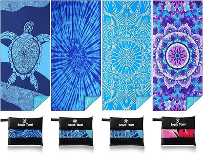 4 Pack Lightweight Thin Beach Towel Oversized 71"x32" Big Extra Large Microfiber Sand Free Towels for Adult Quick Dry Travel Camping Beach Accessories Vacation Gift Blue Turtles Tie Dye Mandala