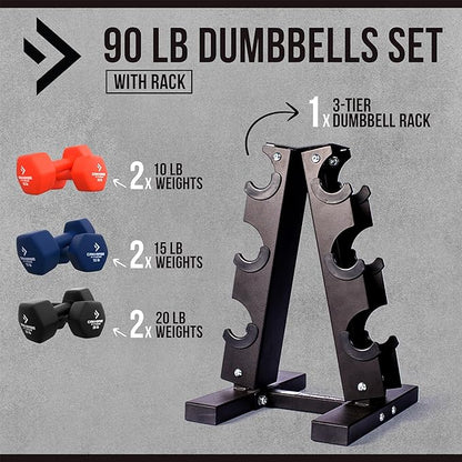 Neoprene Workout Dumbbells Weights - Non Slip, Anti Roll Exercise & Fitness Dumbbells Combo With Rack - Hex Shaped Hand weights for Men & Women - Ideal for Home and Gyms training