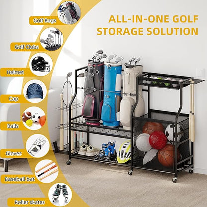 DWVO Sports Equipment Organizer, 3 Golf Bags Storage Stand with Wheels, Sport Gear Accessories Rack and Ball Organizer Bin for Garage