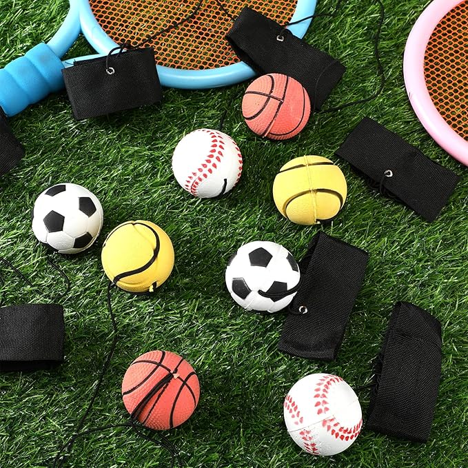 Jerify 30 Pcs Wrist Return Ball on a String Baseball Basketball Soccer Tennis Party Favor Sports Return Wrist Practice Ball on Elastic Cord Rubber Rebound Wristband Ball for Adults