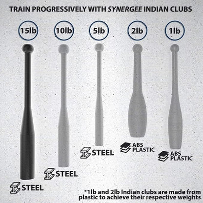 Synergee Indian Clubs 1lb, 2lb, 5lb, 10lb & 15lb. Power Clubs - Exercise Weight Club Bells - Grip and Forearm Strength Trainer - Sold in Pairs