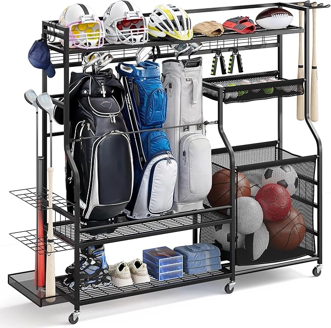 DWVO Sports Equipment Organizer, 3 Golf Bags Storage Stand with Wheels, Sport Gear Accessories Rack and Ball Organizer Bin for Garage