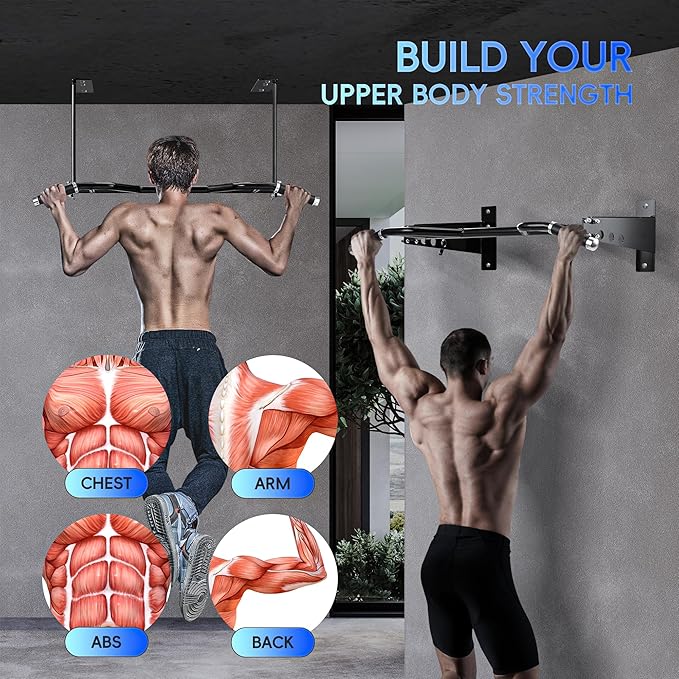 Multifunctional Wall Mounted Pull Up Bar - 48’’ Wide -Multi-Grip Chin-Up Station Max Load 500 lbs for Punching Bags, Power Ropes for Home Gym Strength Training Equipment