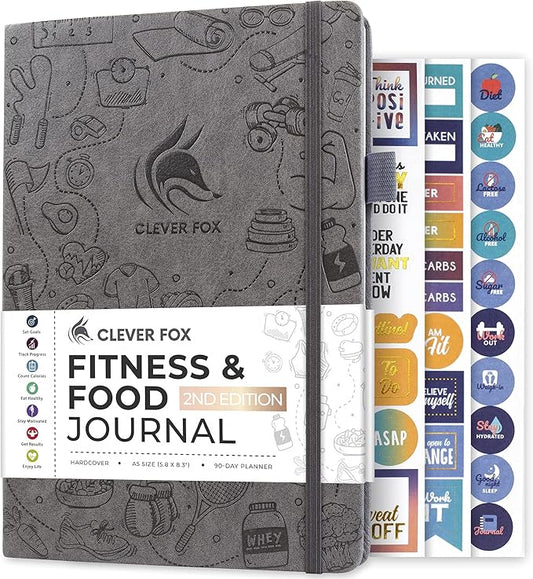 Clever Fox Fitness & Food Journal – Nutrition & Workout Planner for Women & Men – Diet & Gym Exercise Log Book with Calendars, Diet & Training Trackers - Undated, A5 Size, Hardcover (Grey)