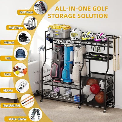 DWVO Sports Equipment Organizer, 3 Golf Bags Storage Stand with Wheels, Sport Gear Accessories Rack and Ball Organizer Bin for Garage