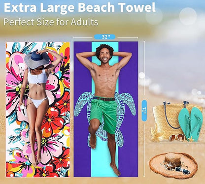 4 Pack Lightweight Thin Beach Towel Oversized 71"x32" Big Extra Large Microfiber Sand Free Towels for Adult Quick Dry Travel Camping Beach Accessories Vacation Gift Turtle Tie Dye Mandala Flower