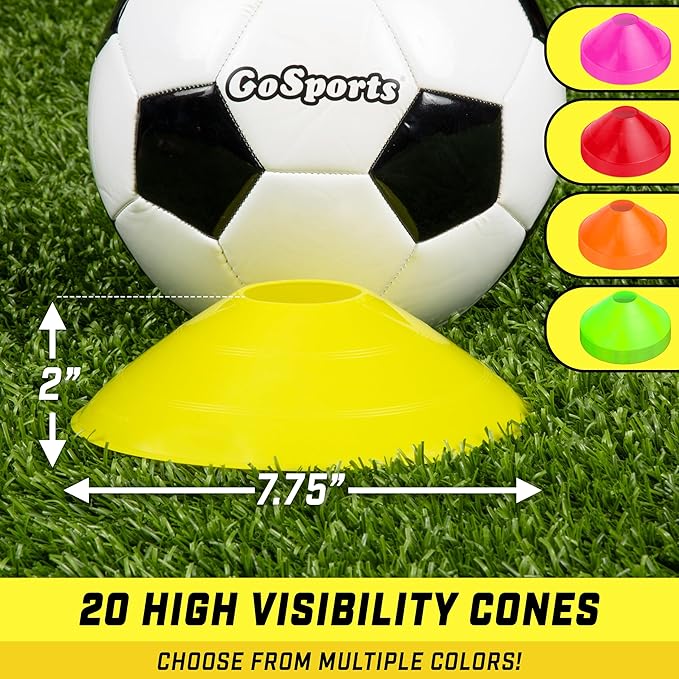 GoSports Premium Sports Cones for Agility Training and Drills - 20 Pack with Tote - Orange, Green, Pink, Yellow, or Red