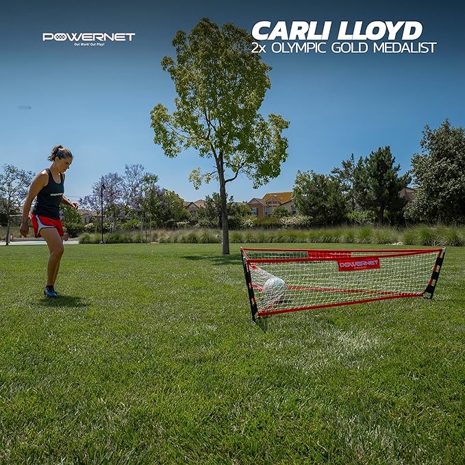 PowerNet Carli Lloyd Soccer Triple Threat Rebounder, 3-Sided Net, Sandbags Included, 80" L x 21" H Per Side, Great for Futsal and Soccer