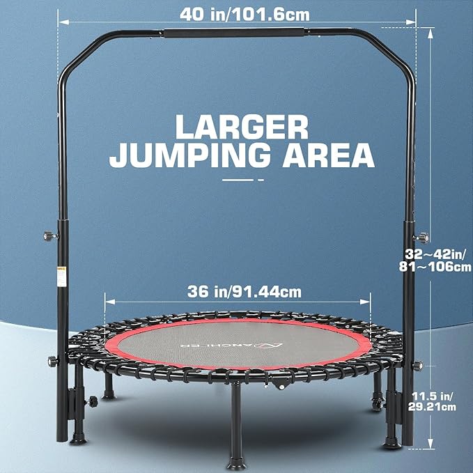 ANCHEER 40/48" Foldable Mini Trampoline,550LBS Max Load,Rebounder Trampoline for Adults with Adjustale Foam Bar&Resistance Ropes,Upgraded Bungee Cords,Fitness Trampoline Indoor/Outdoor