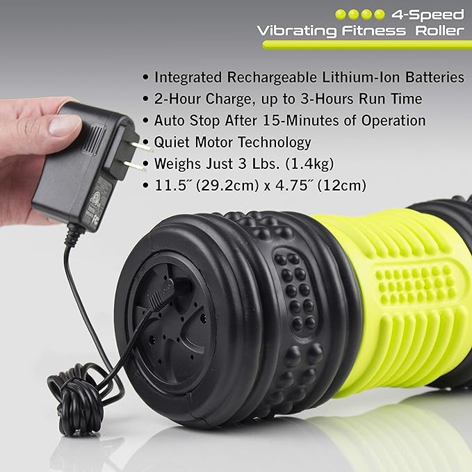 HealthSmart 4-Speed Vibrating Exercise Roller Foam FSA/HSA Eligible – Deep Tissue Massage Muscle Recovery & Pain Relief for Full Body | Electric foam Roller for Physical Therapy & Workout