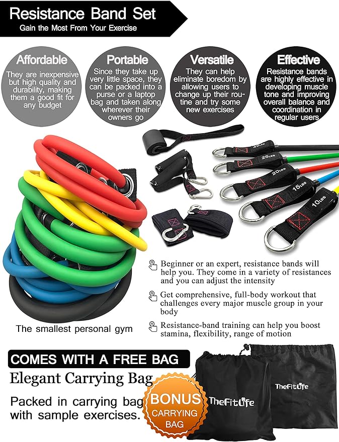 TheFitLife Exercise Resistance Bands with Handles - 5 Fitness Workout Bands Stackable up to 110/150/200/250/300 lbs, Training Tubes with Large Handles, Ankle Straps, Door Anchor, Carry Bag