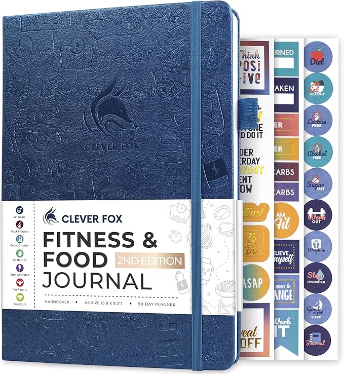 Clever Fox Fitness & Food Journal – Nutrition & Workout Planner for Women & Men – Diet & Gym Exercise Log Book with Calendars, Diet & Training Trackers - Undated, A5 Size, Hardcover (Mystic Blue)