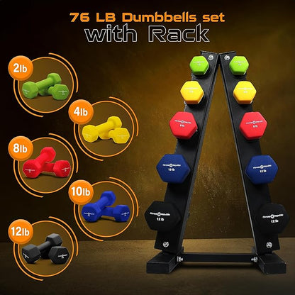 Neoprene Workout Dumbbell set with Rack 2.00MM - Non Slip, Anti Roll & Hex Shape - Fitness Dumbbells Combo, Space Saving Ideal for Home and Gym training