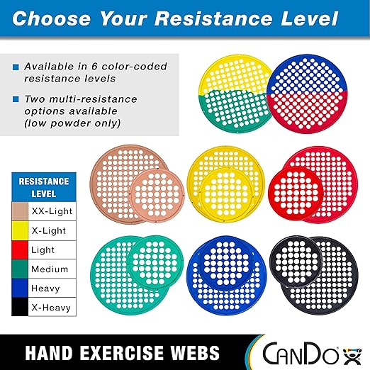 CanDo Web Hand Therapy Device, Latex, 7" Diameter, Set (Tan, Yellow, Red, Green, Blue, Black)