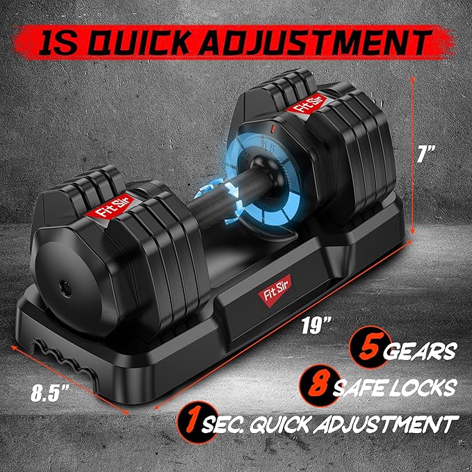 Single Adjustable Dumbbell 55LB, Fit Sir Weights Dumbbells Set 15~55lb Increment with Tray and Anti-Slip Handle for Men Women Full Body Workout Exercise & Fitness Strength Training Home Gym