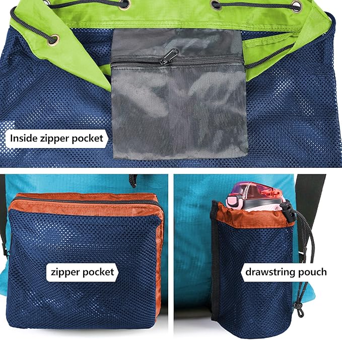 BeeGreen Gym Bags for Men Women Mesh Drawstring Backpack for Swim Sports Workout Gear Gifts for Swimmers Beach Pool Wrestling Backpack Cinch Bag With 3 Pockets Green Blue