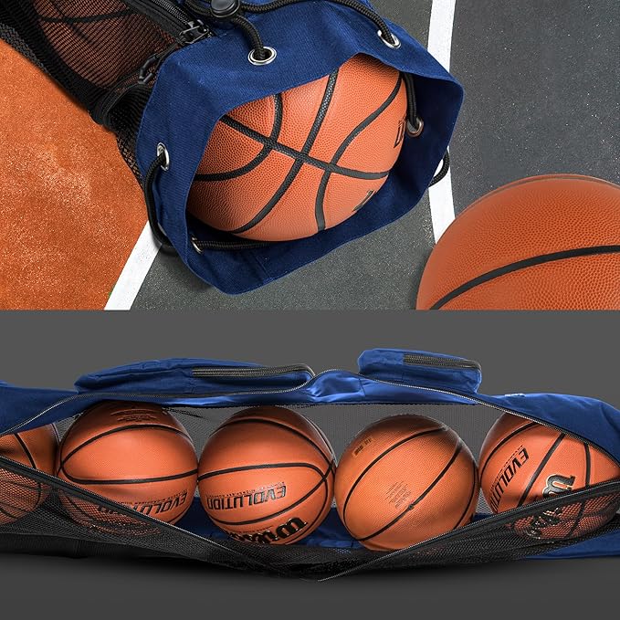 Fitdom Heavy Duty XL Basketball Mesh Equipment Ball Bag w/Shoulder Strap Design for Coach with 2 Front Pockets for Coaching & Sport Accessories. This Team Tube Carrier Can Store Up to 5 Basketballs