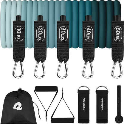 Retrospec Train Resistance Bands Set (5pc) Workout Bands w/Handles, Door Anchor, Carry Bag for Women & Men