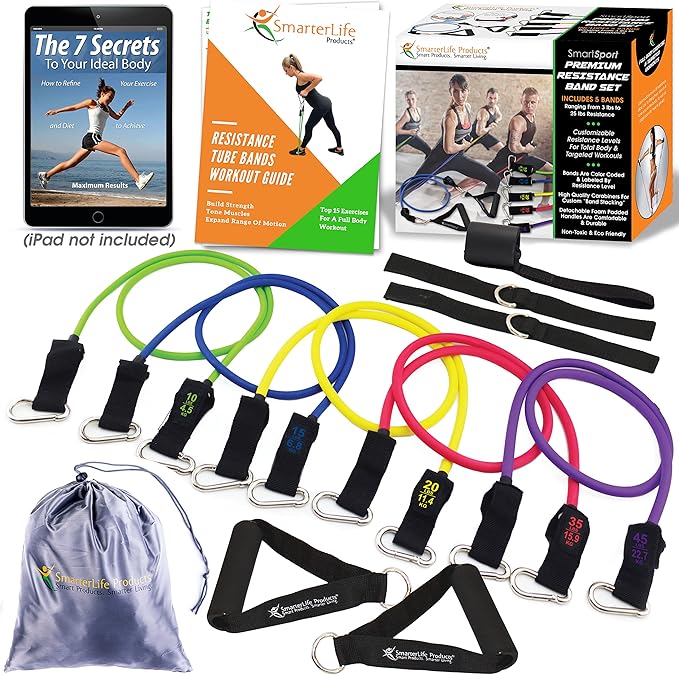 SmarterLife Resistance Bands for Working Out, Physical Therapy - Workout Bands for Women, Men - Tone Arms, Legs, Chest, Booty - 5 Exercise Bands with Handles, Ankle Straps, No-Slip Door Anchor, & Bag