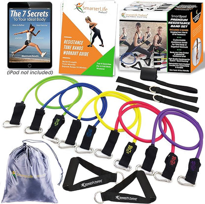 SmarterLife Resistance Bands for Working Out, Physical Therapy - Workout Bands for Women, Men - Tone Arms, Legs, Chest, Booty - 5 Exercise Bands with Handles, Ankle Straps, No-Slip Door Anchor, & Bag