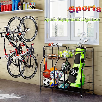 Golf Bag Storage Rack - Fits 2 Golf Bags, Garage Sports Equipment Organizer with Baskets, Garage Organizers and Storage with Hooks, Movable Ball Storage Cart with Wheel for Garage, Gym, Shed, Outdoor