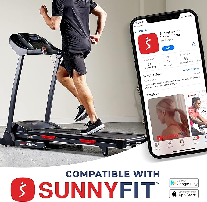 Sunny Health & Fitness Premium Folding Incline Treadmill with Pulse Sensors, One-Touch Speed Buttons, Shock Absorption, Optional Bluetooth with Exclusive SunnyFit App